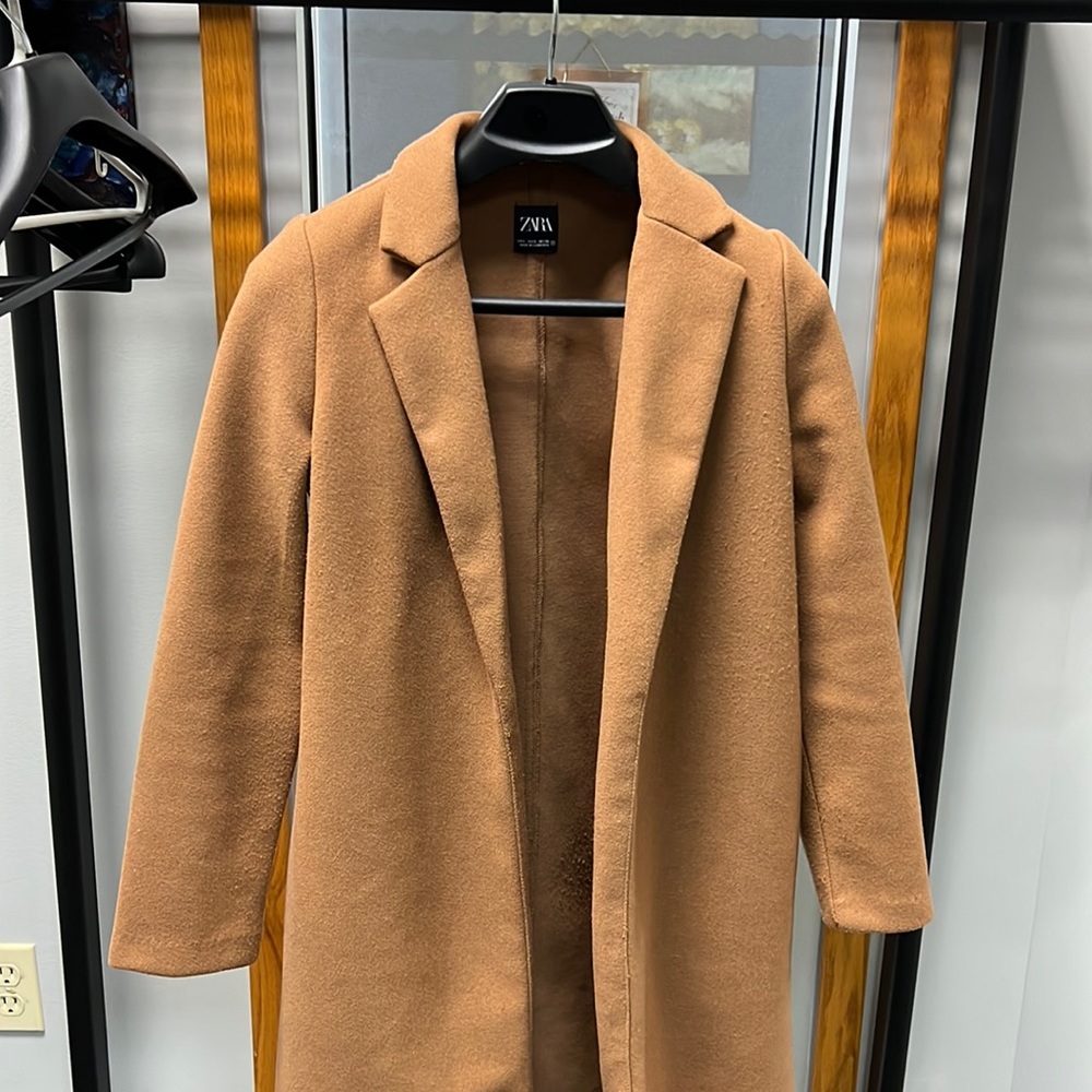 Zara Coat Lapel Collar Cognac Brown Size Small